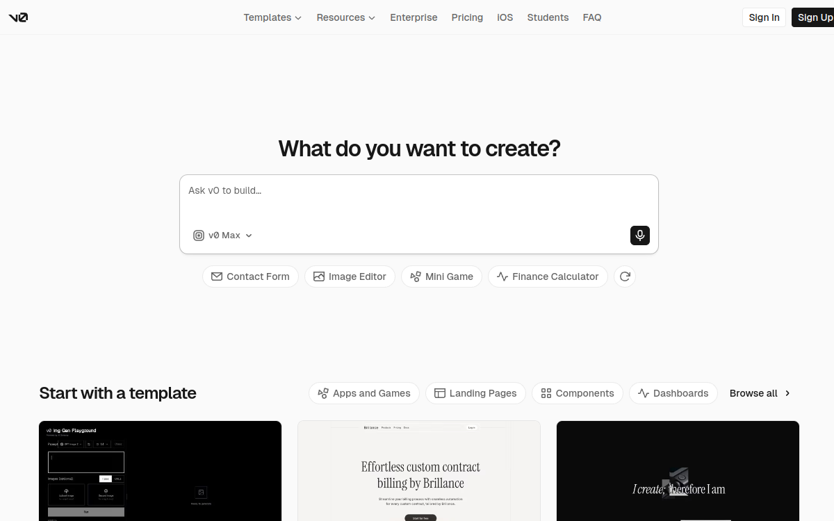 Screenshot von v0 (Vercel)