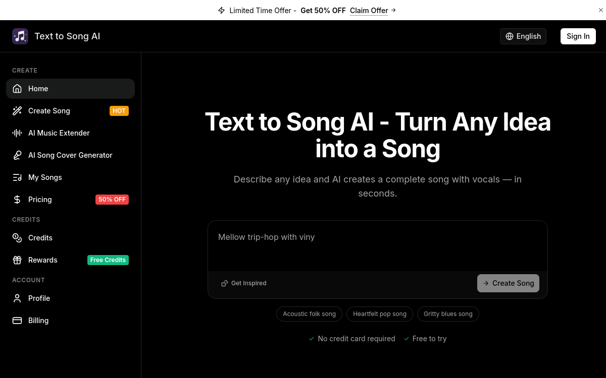 Screenshot von Text to Song AI