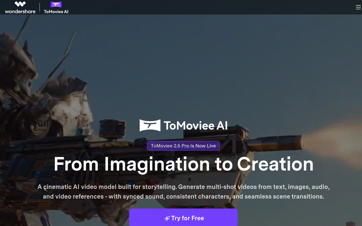 Screenshot von ToMoviee AI