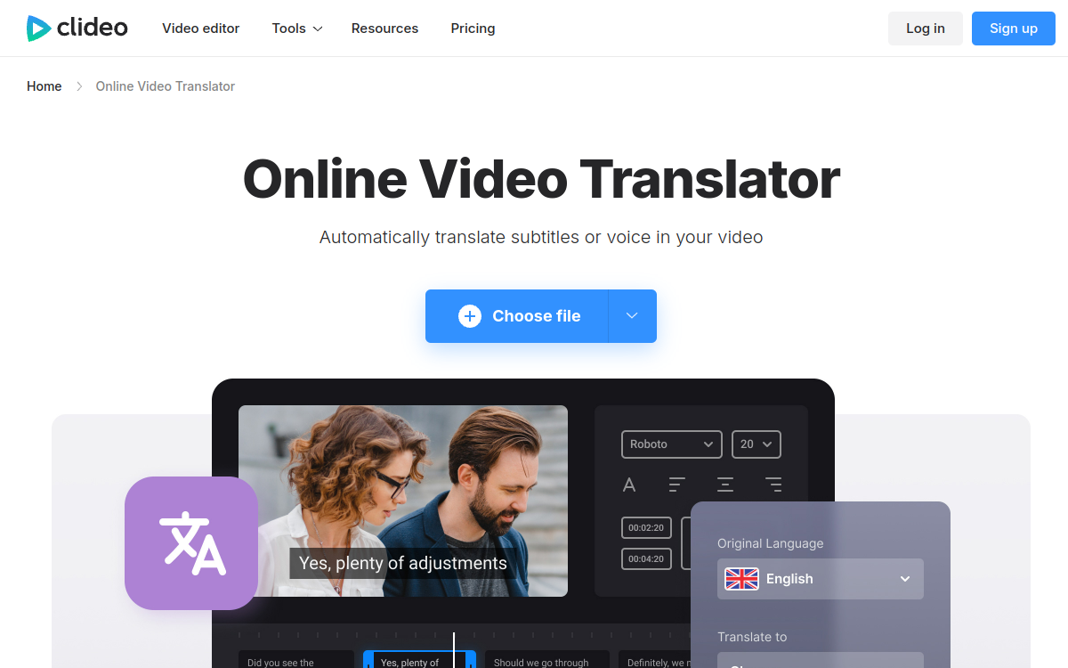 Screenshot von Clideo Video Translator