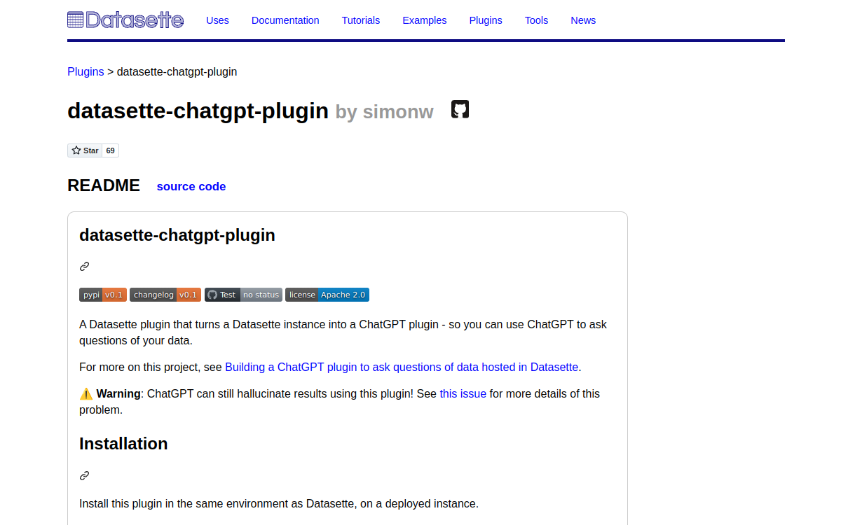 Screenshot von Datasette ChatGPT Plugin