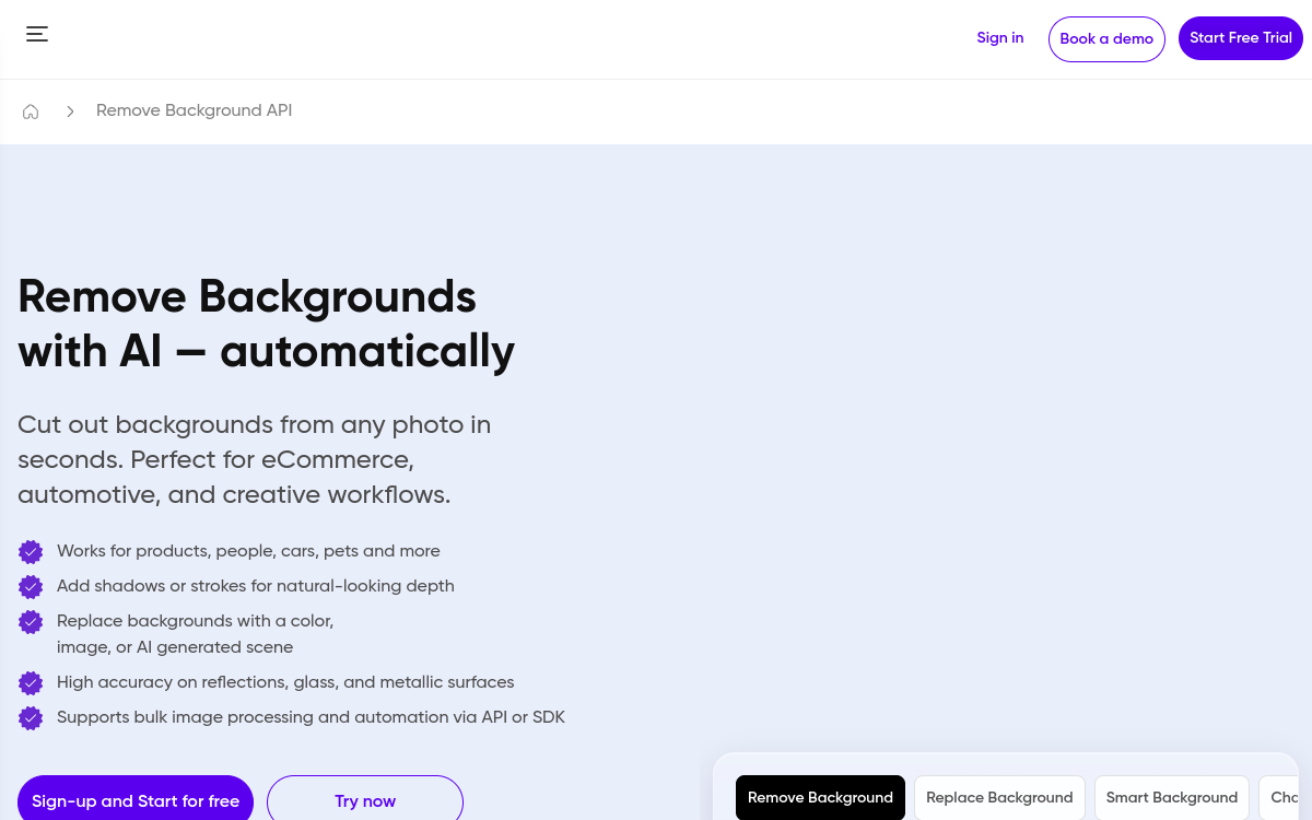 Screenshot von Picsart Remove Background API