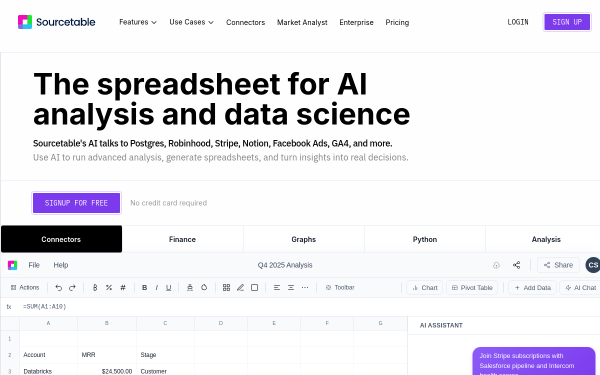 Screenshot von Sourcetable