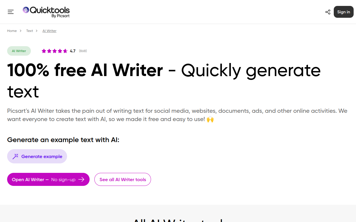 Screenshot von Picsart AI Writer