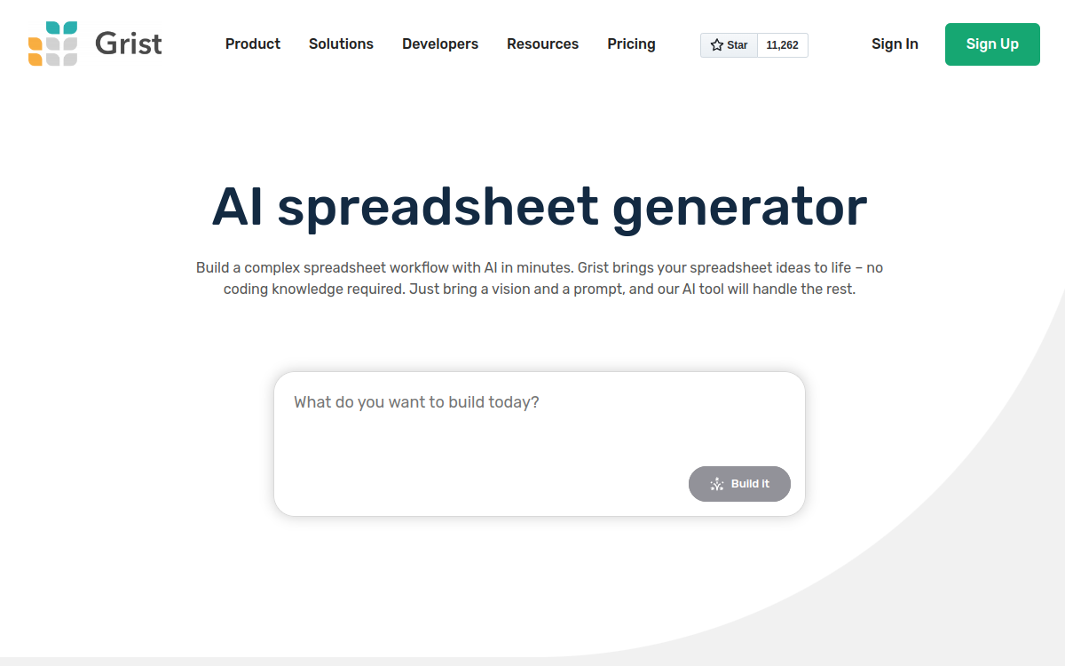 Screenshot von Grist AI Spreadsheet Generator