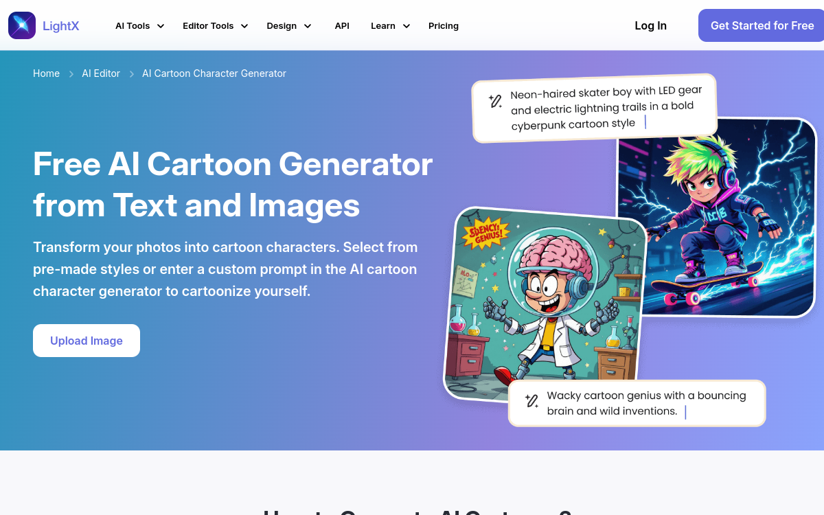 Screenshot von LightX AI Cartoon Generator