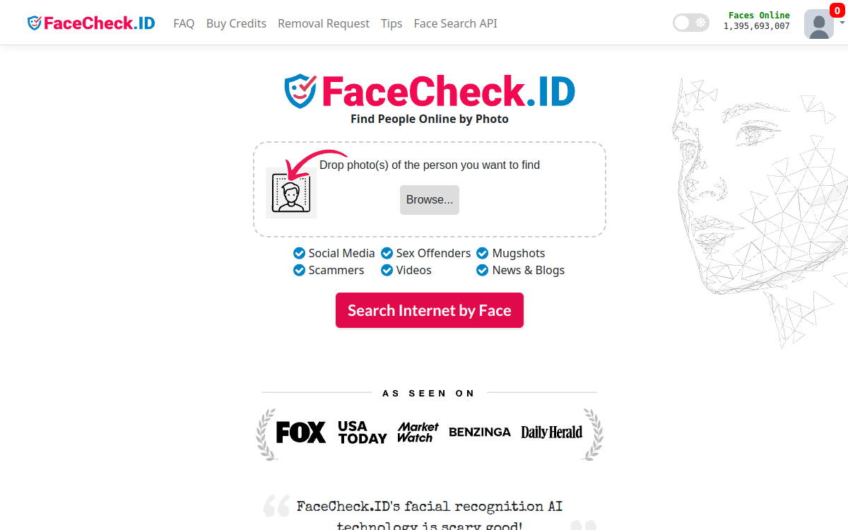 Screenshot von FaceCheck ID
