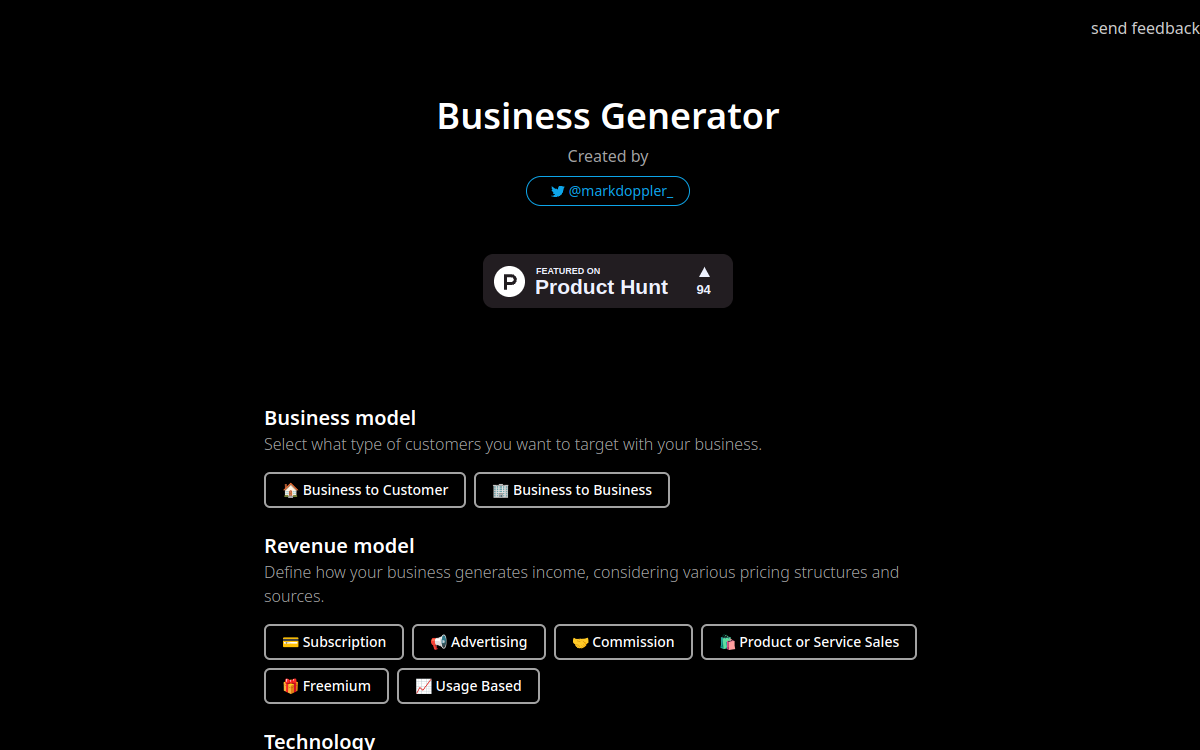Screenshot von Business Generator