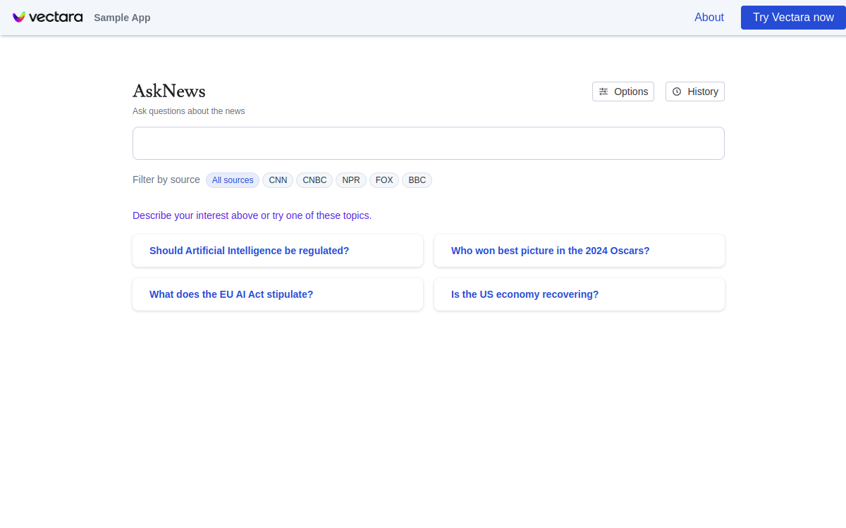Screenshot von Vectara AskNews