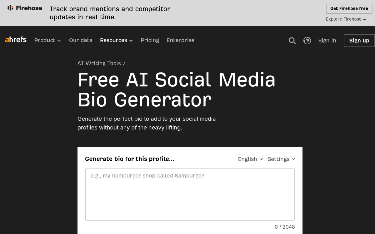 Screenshot von Ahrefs AI Bio Generator
