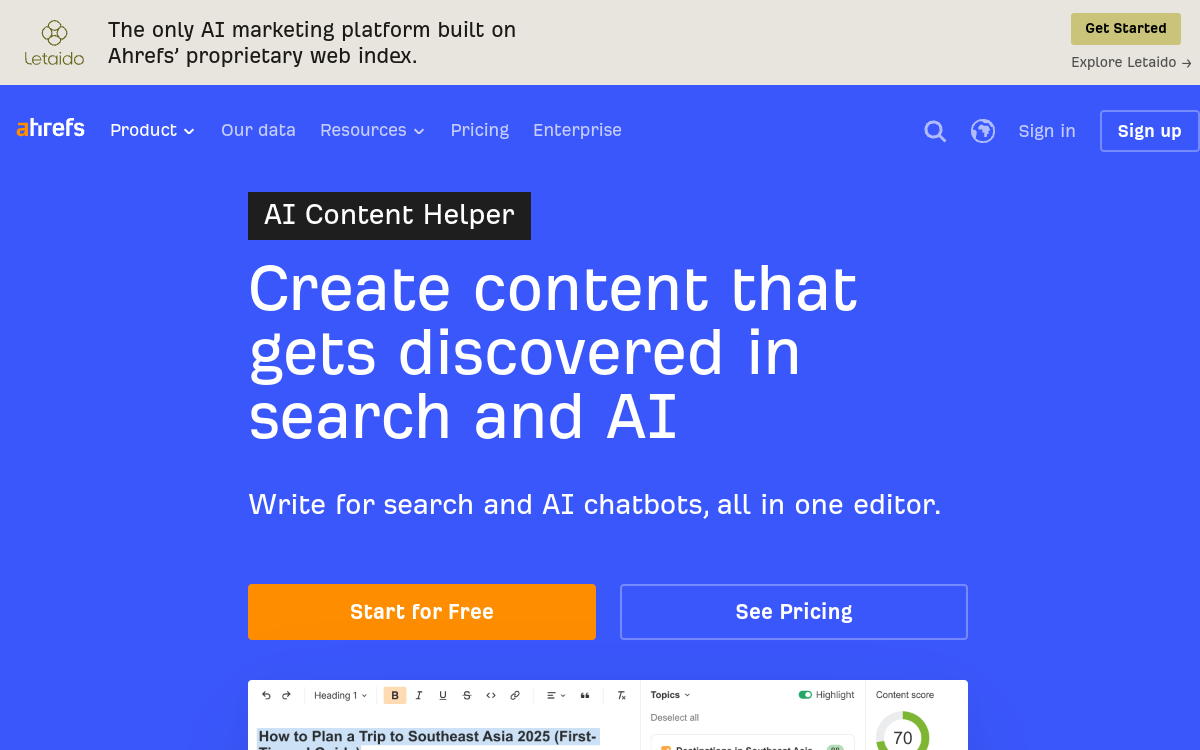 Screenshot von Ahrefs AI Content Helper